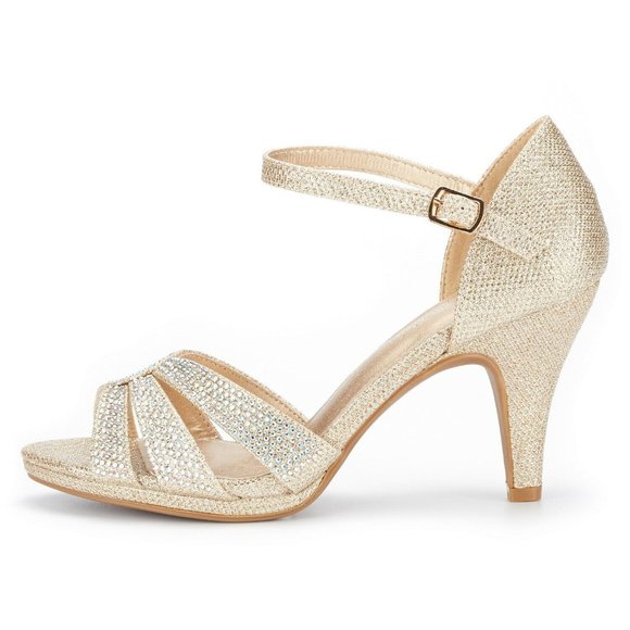 Women's Ankle Strap Stolettos Low Heel Sandals Open Toe Dress Shoes-GOLD - Picture 1 of 5